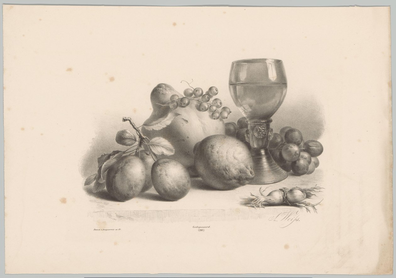 Nature morte avec verre, prunes, citron, raisins et noisettes (série: Études de fleurs et de fruits, 10e livraison) - Anton Weiss