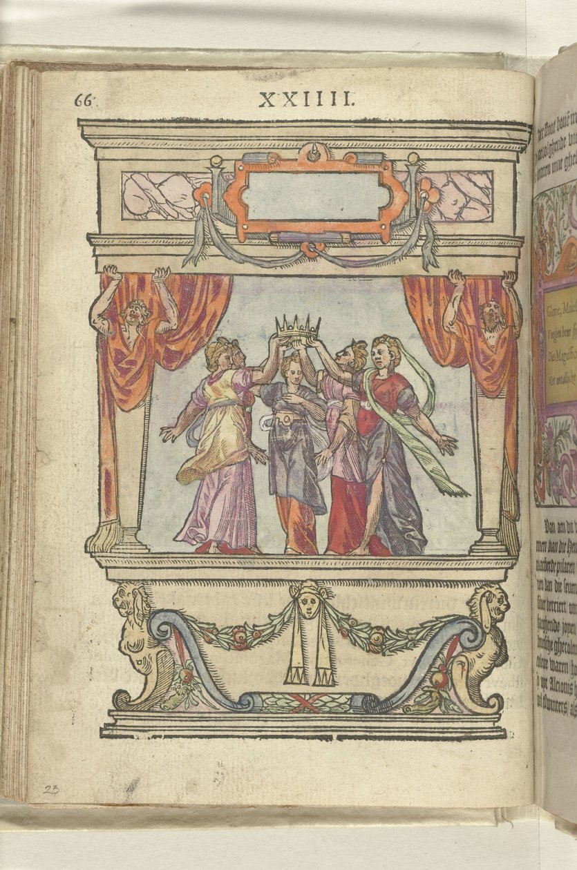 Scène avec les personnifications de Gloire, Majesté, Générosité, Magnificence et Modestie tenant ensemble une couronne, 1578 - Antoni van Leest