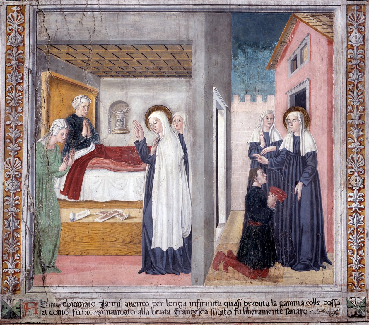 Vie de Sainte Francesca Romana : La sainte guérit un homme qui a perdu sa jambe - Antoniazzo Romano