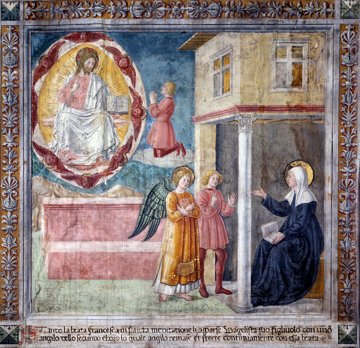 Vie de Sainte Francesca Romana : Le fils de la sainte, tué par la peste bubonique, lui apparaît avec un ange - Antoniazzo Romano