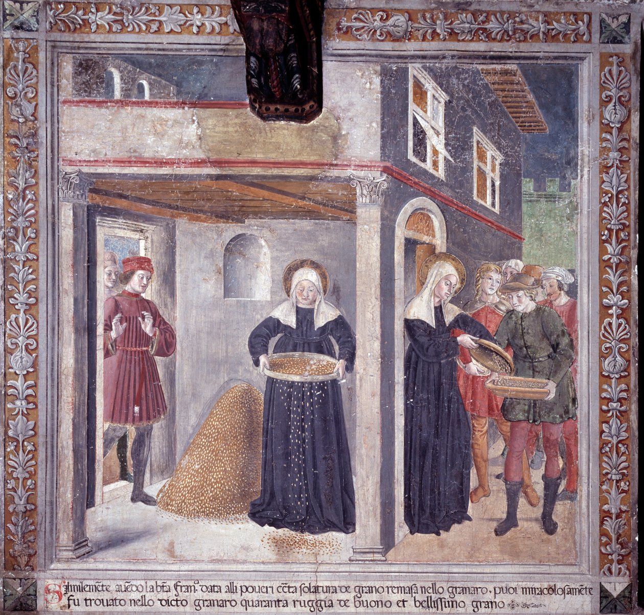 Vie de Sainte Francesca Romana : pendant une grave famine en 1402, Francesca donne tout son grain aux pauvres - Antoniazzo Romano