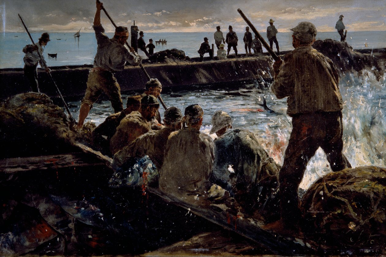 Abattage de thon, peinture par Antonino Leto (1844-1913) - Antonino Leto