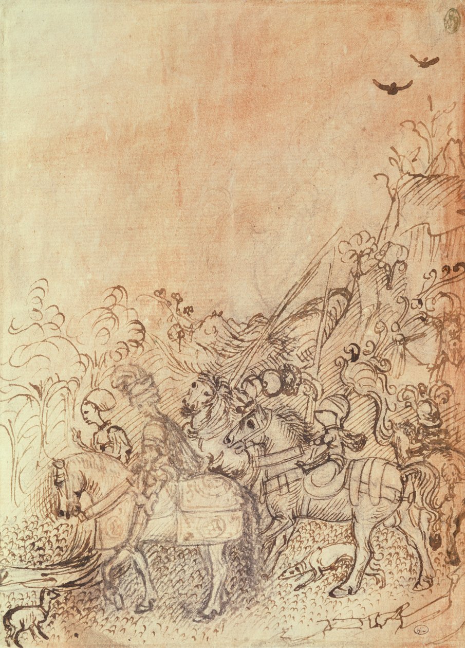 Jean de Gonzague et ses courtisans dans un paysage montagneux, de l
