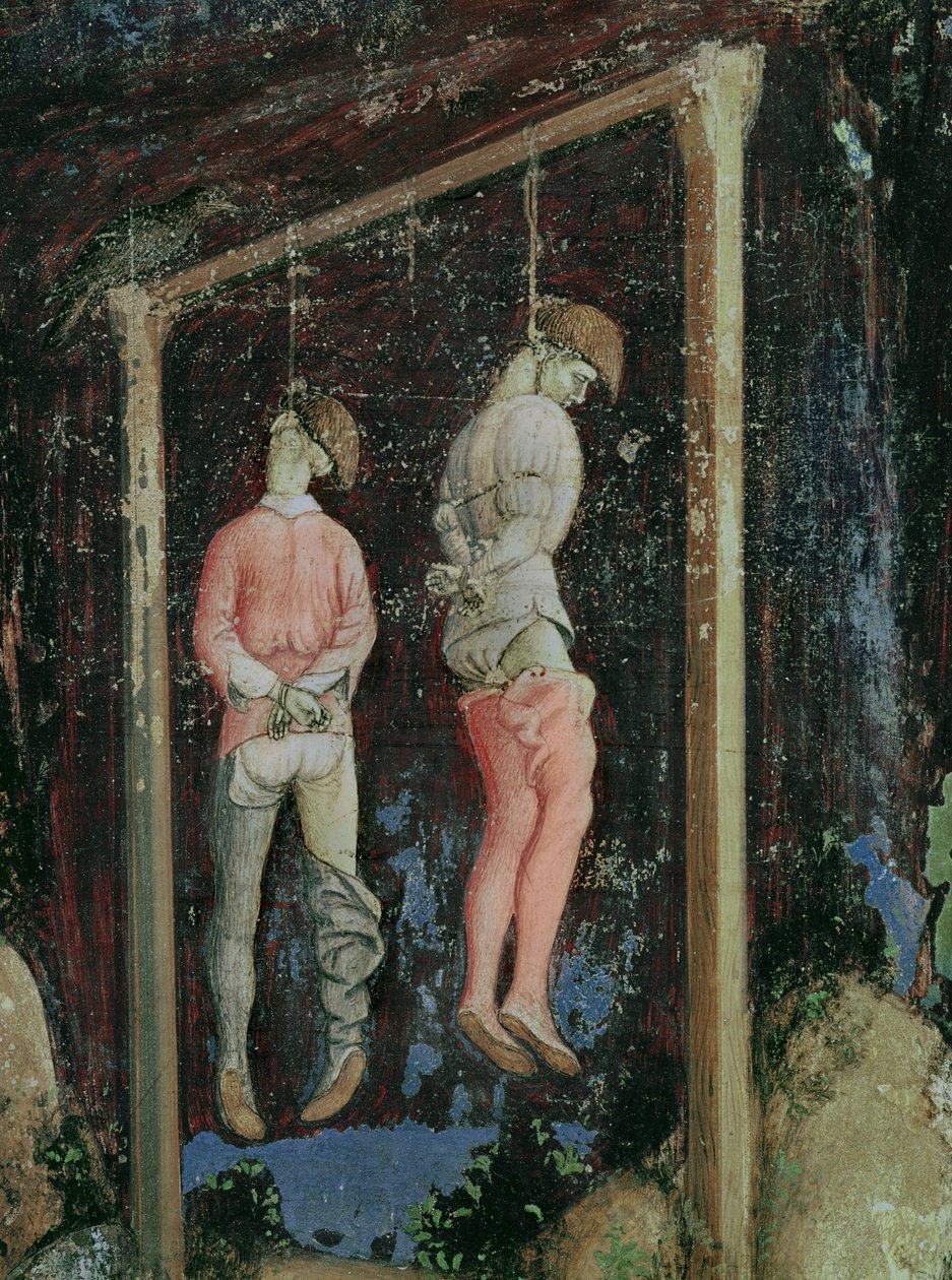 Saint Georges et la princesse de Trébizonde, détail de deux hommes pendus sur le côté gauche, vers 1433-38 - Antonio Pisanello