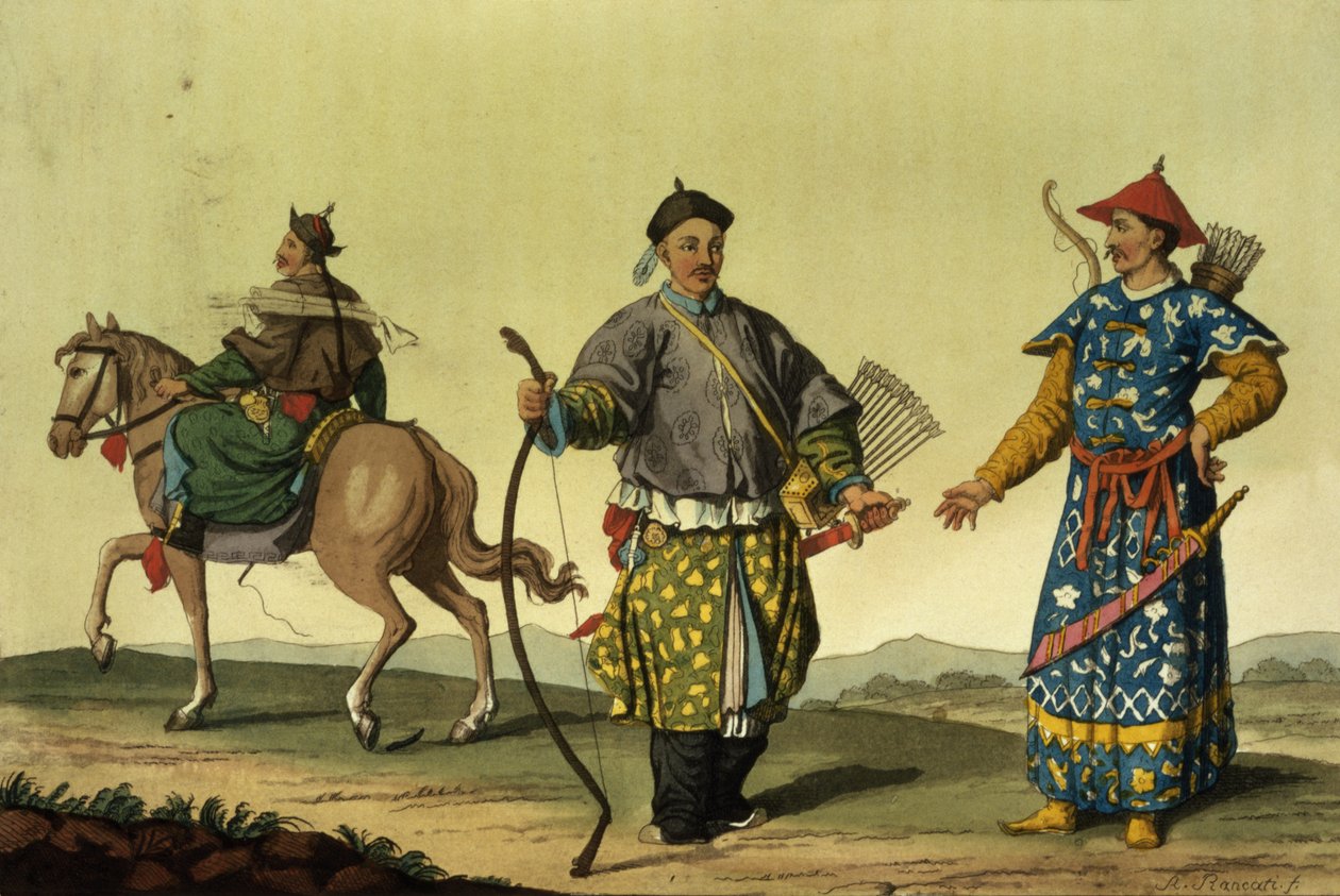 Soldats des Huit Drapeaux mongols des forces militaires de Ching, gravé par A. Rancati (gravure en couleur) - Antonio Rancati