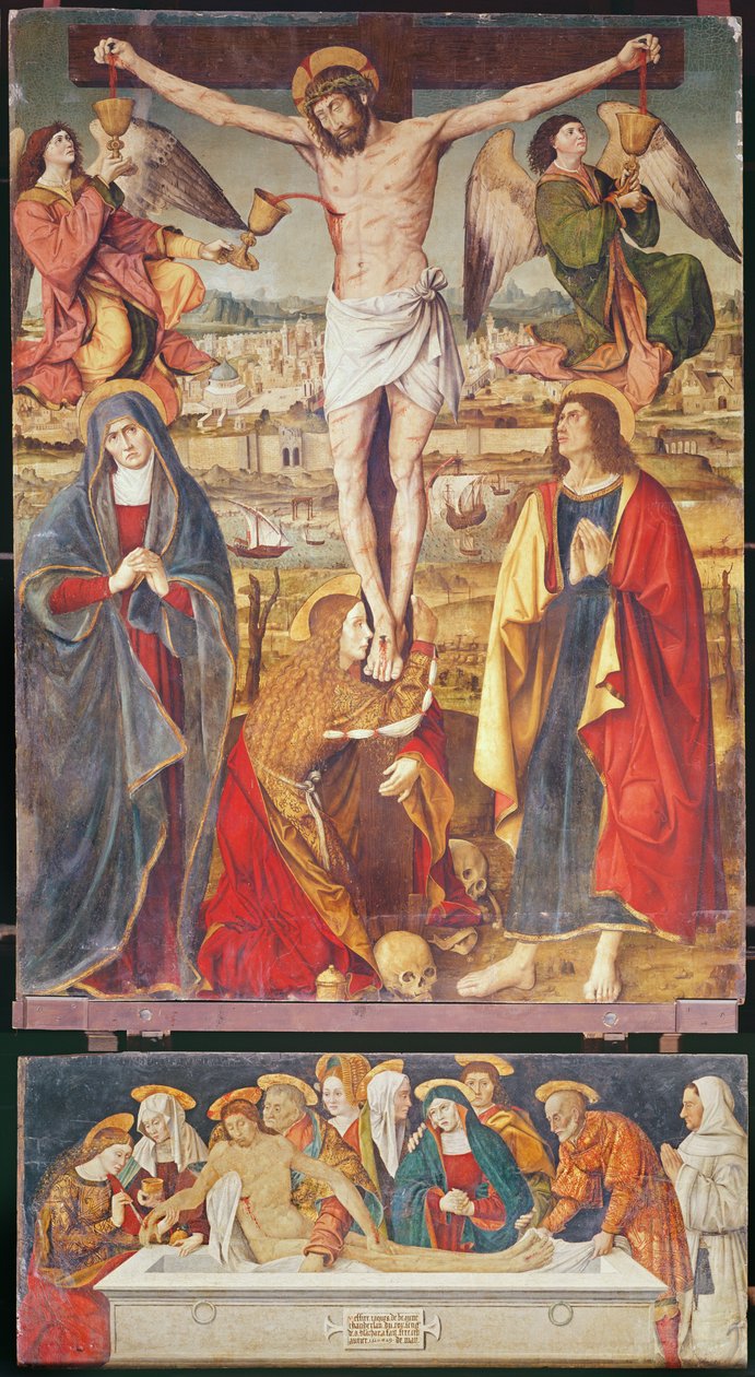 Crucifixion et mise au tombeau, panneau central du Retable de la Passion, 1517-20 - Antonio Ronzen