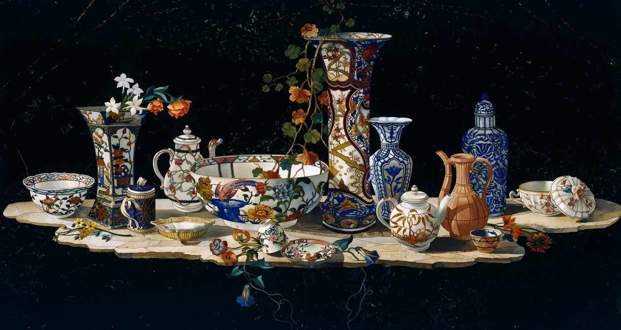 Dessus de table avec vases en porcelaine, vers 1797, mosaïque de pierres semi-précieuses sur marbre, créée dans les ateliers Grand Ducal à Florence d