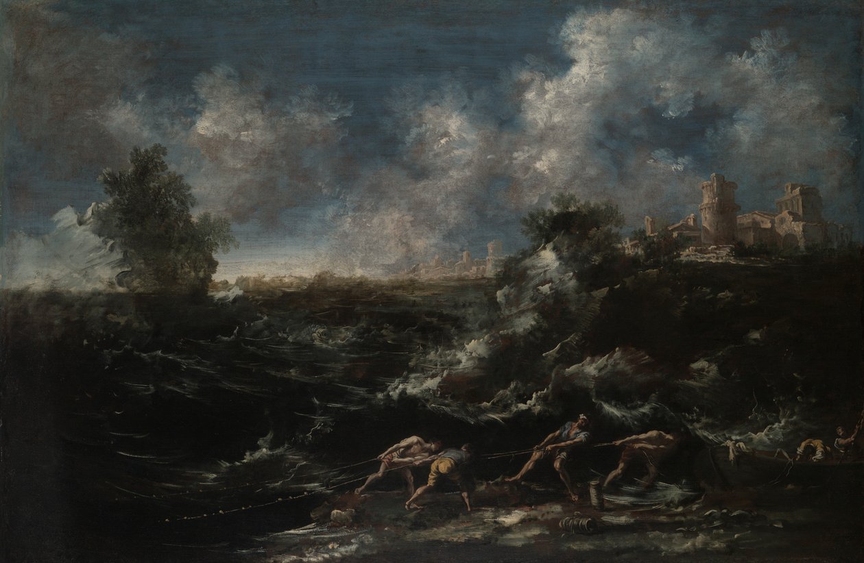 Paysage marin avec pêcheur tirant des filets - Antonio Francesco Peruzzini