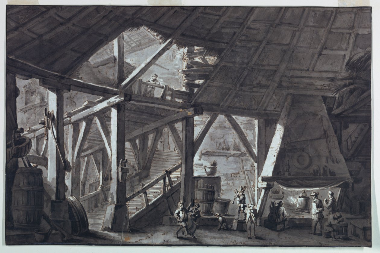 Décor de scène, intérieur de ferme en ruine - Antonio Giuseppe Basoli