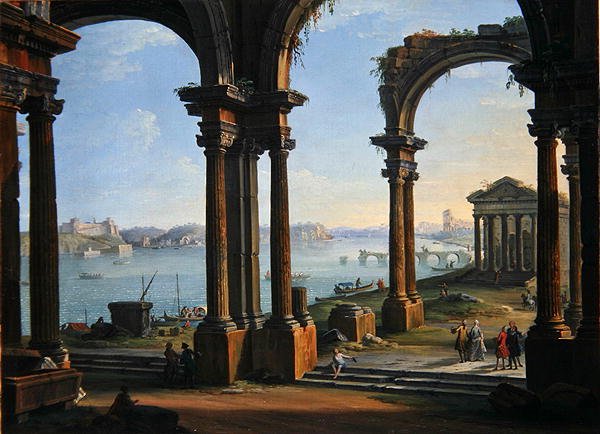 Scène de port à travers des arches en ruine - Antonio Joli