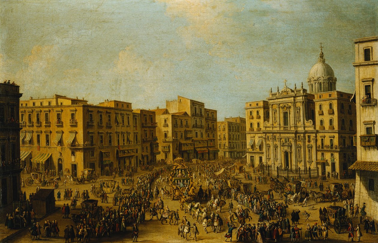 Le Largo San Ferdinando, Naples, au moment du carnaval avec le carrosse royal approchant du Palazzo Reale - Antonio Joli