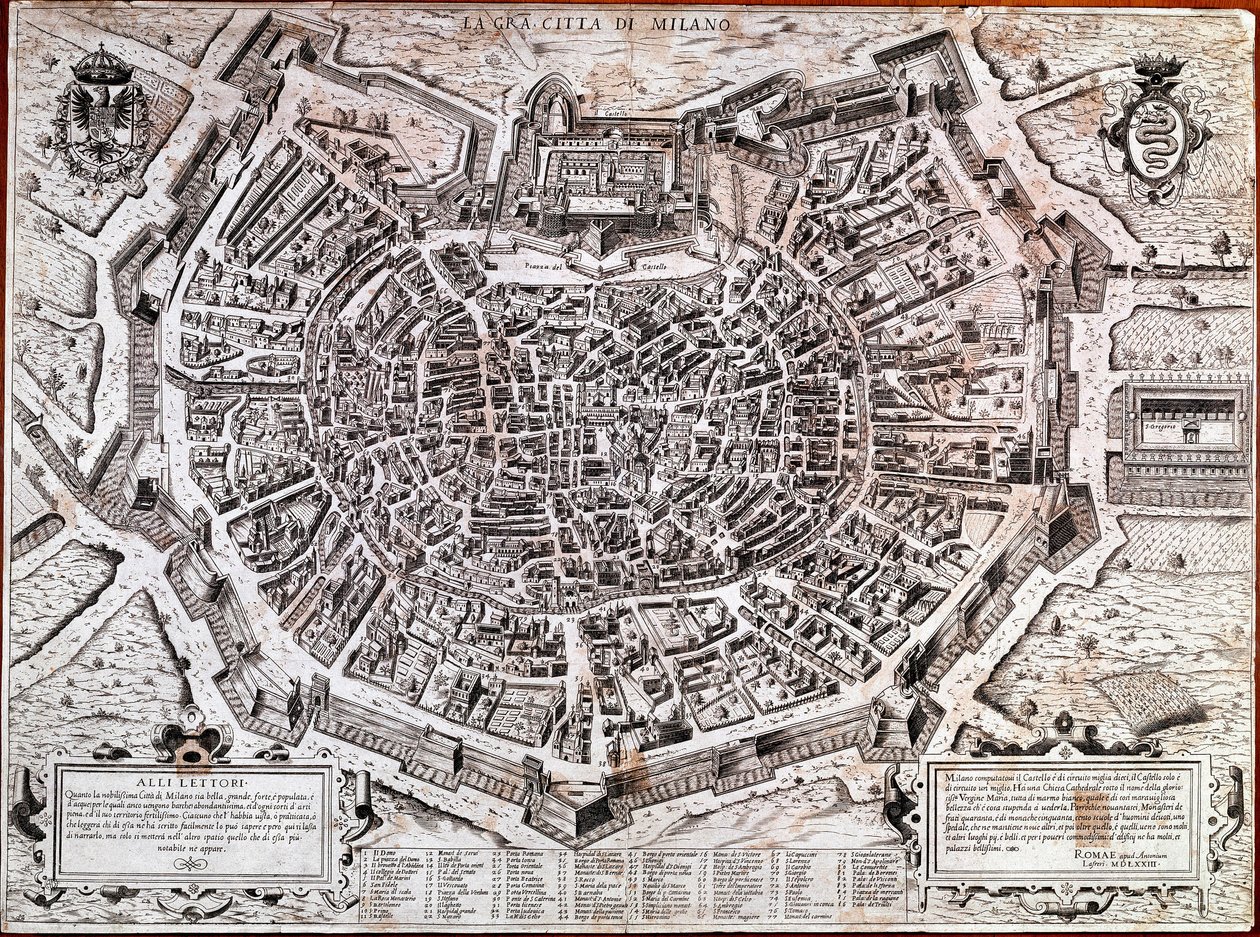 Plan de la ville de Milan édité par Antonio Lafreri (Lafrery ou Lanfrerius) (1512-1577) en 1573. C