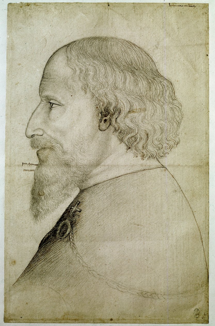 Empereur Sigismond de Luxembourg, vu en buste, de profil à gauche. Dessin d