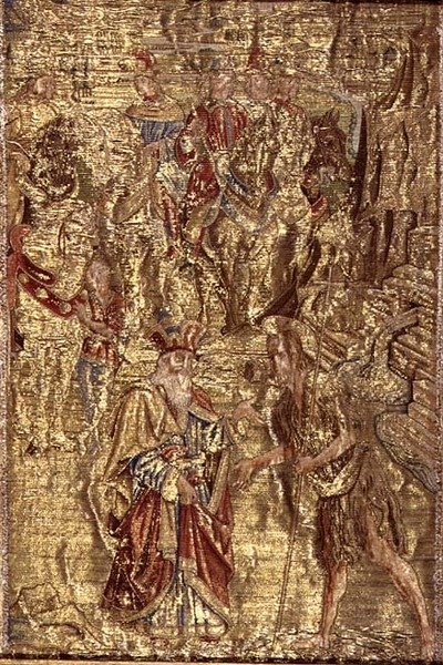 La rencontre entre Saint Jean-Baptiste et le grand prêtre, tapisserie représentant des scènes de la vie du saint - Antonio Pollaiuolo