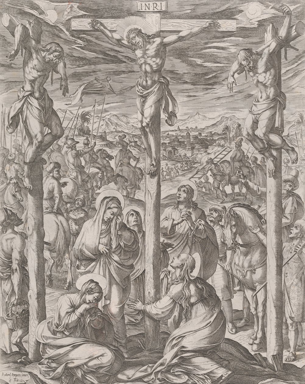Le Christ crucifié entre les deux voleurs, les trois Marie au pied de la croix - Antonio Tempesta