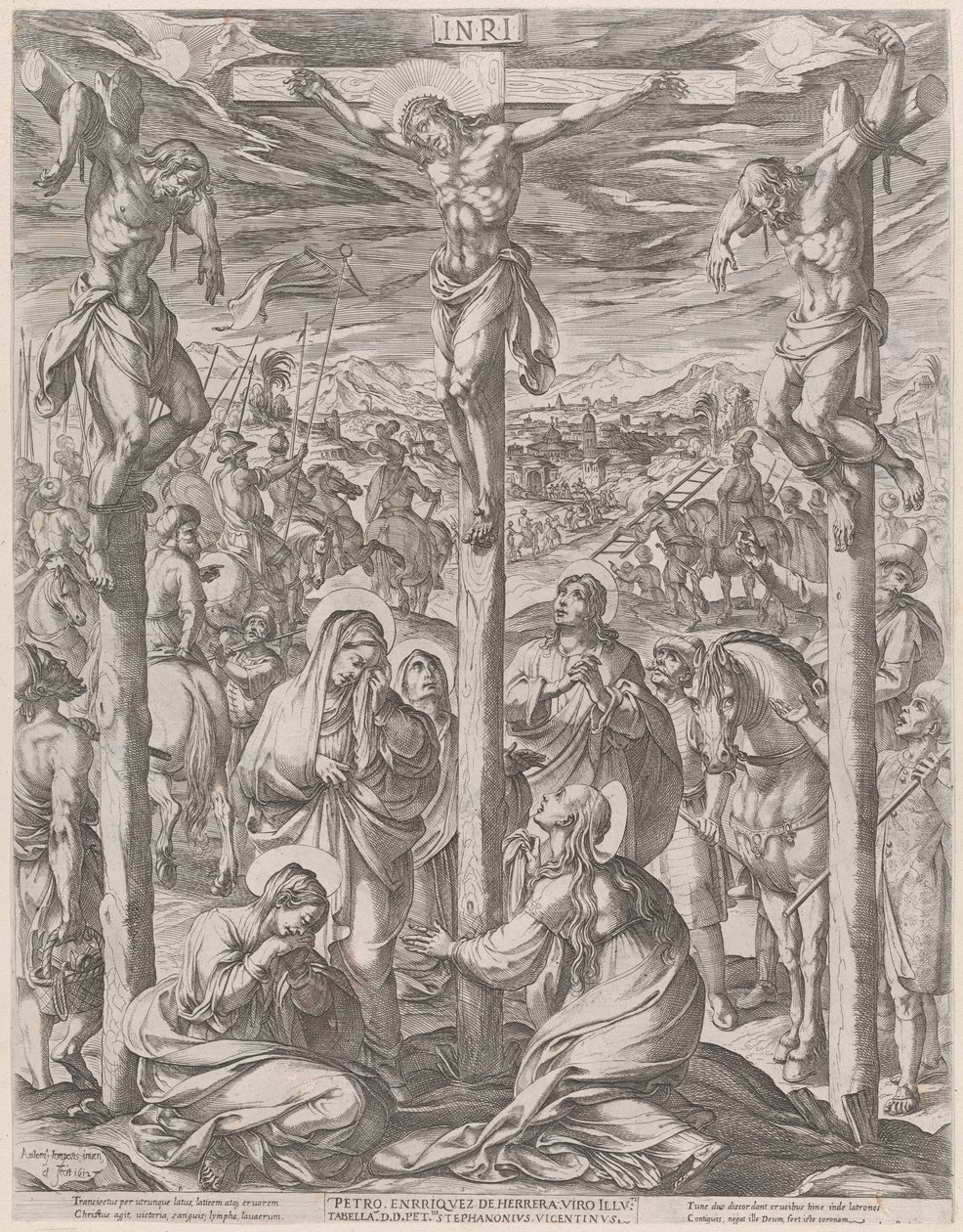Le Christ crucifié entre les deux larrons, les trois Marie au pied de la croix - Antonio Tempesta
