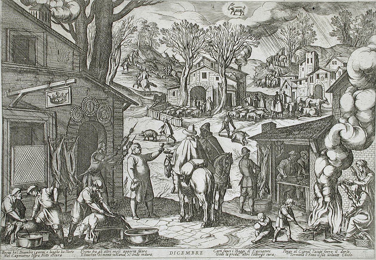 Décembre : Scène de village avec une auberge - Antonio Tempesta