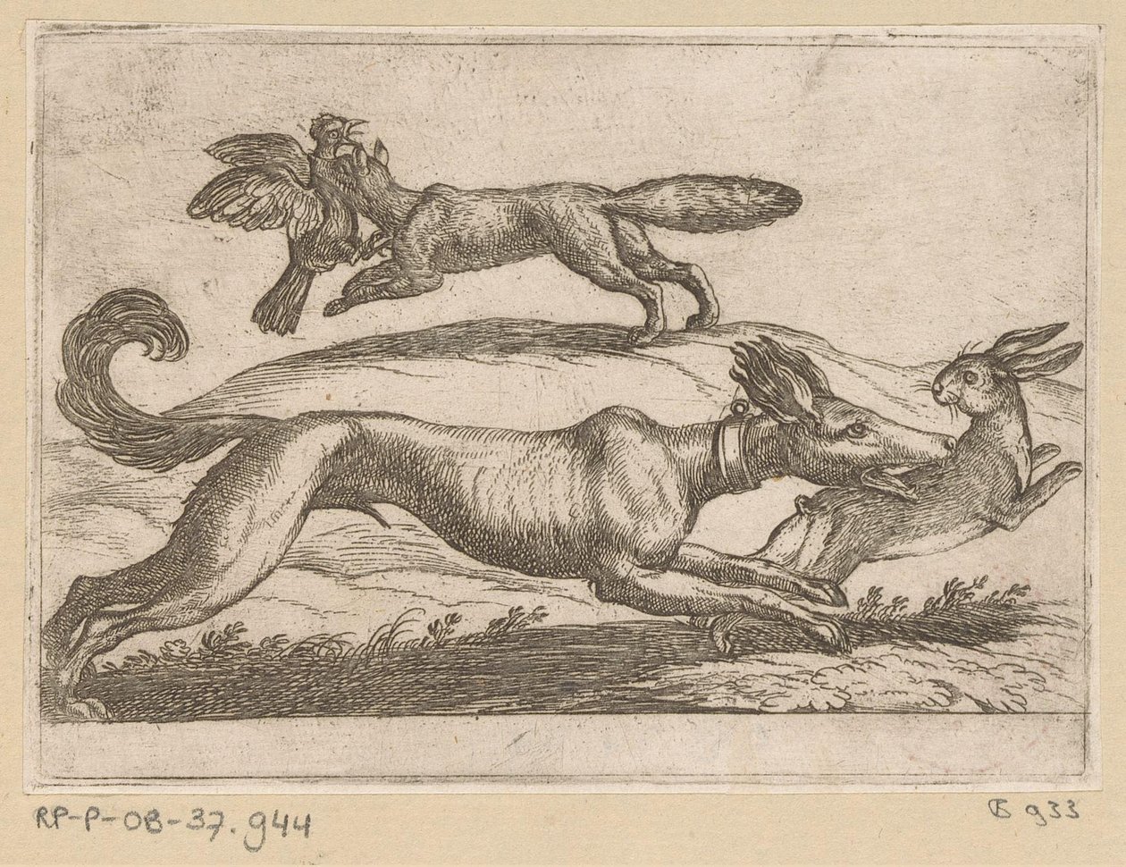 Un renard attaque une poule et un chien un lièvre - Antonio Tempesta