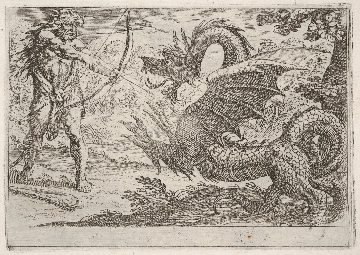 Hercule et le serpent Ladon : Hercule bande son arc, le serpent dressé apparaît en proie, 1608 - Antonio Tempesta