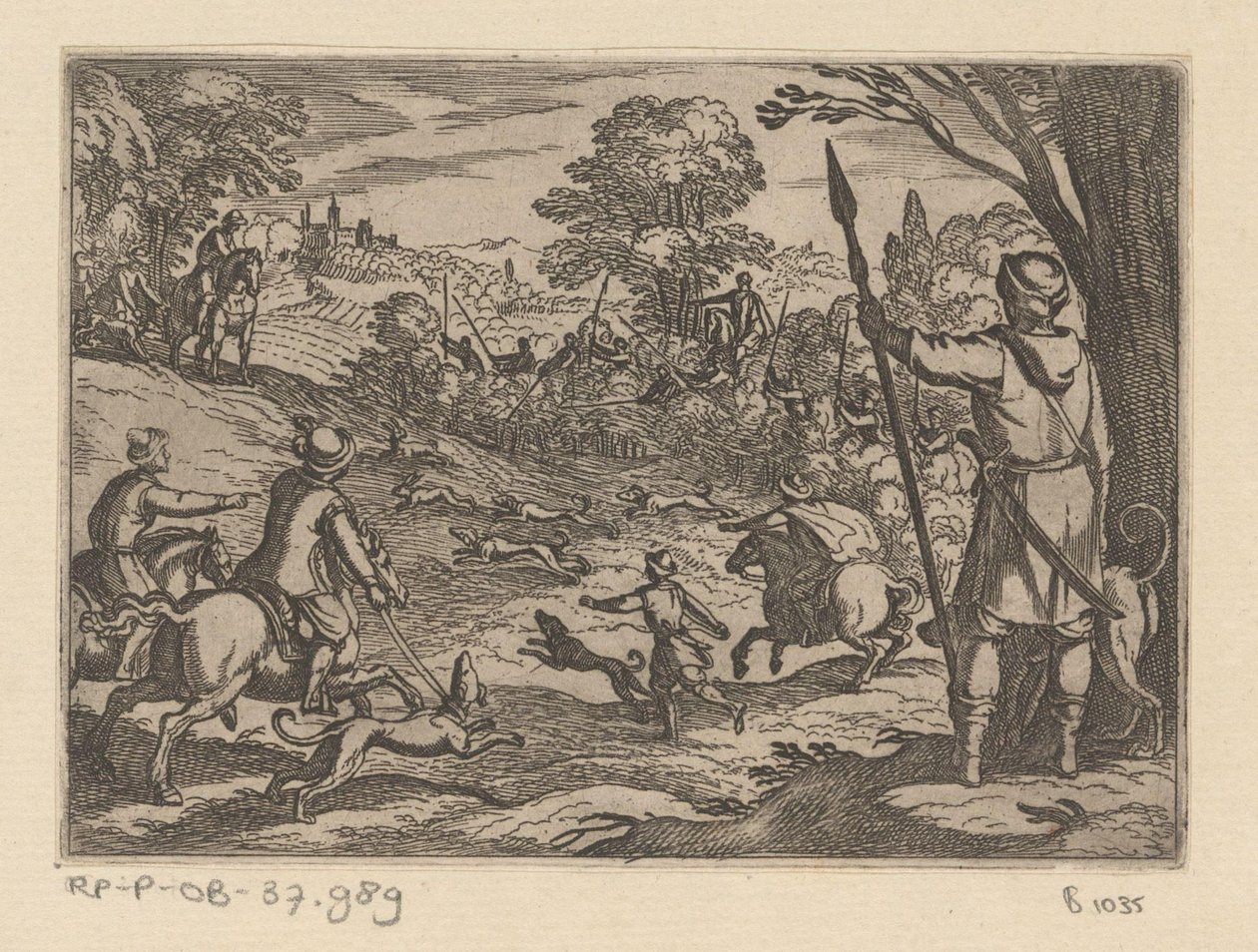 Chasse aux lapins avec des hommes chassant des lapins depuis les buissons (Primo libro di caccie varie) - Antonio Tempesta