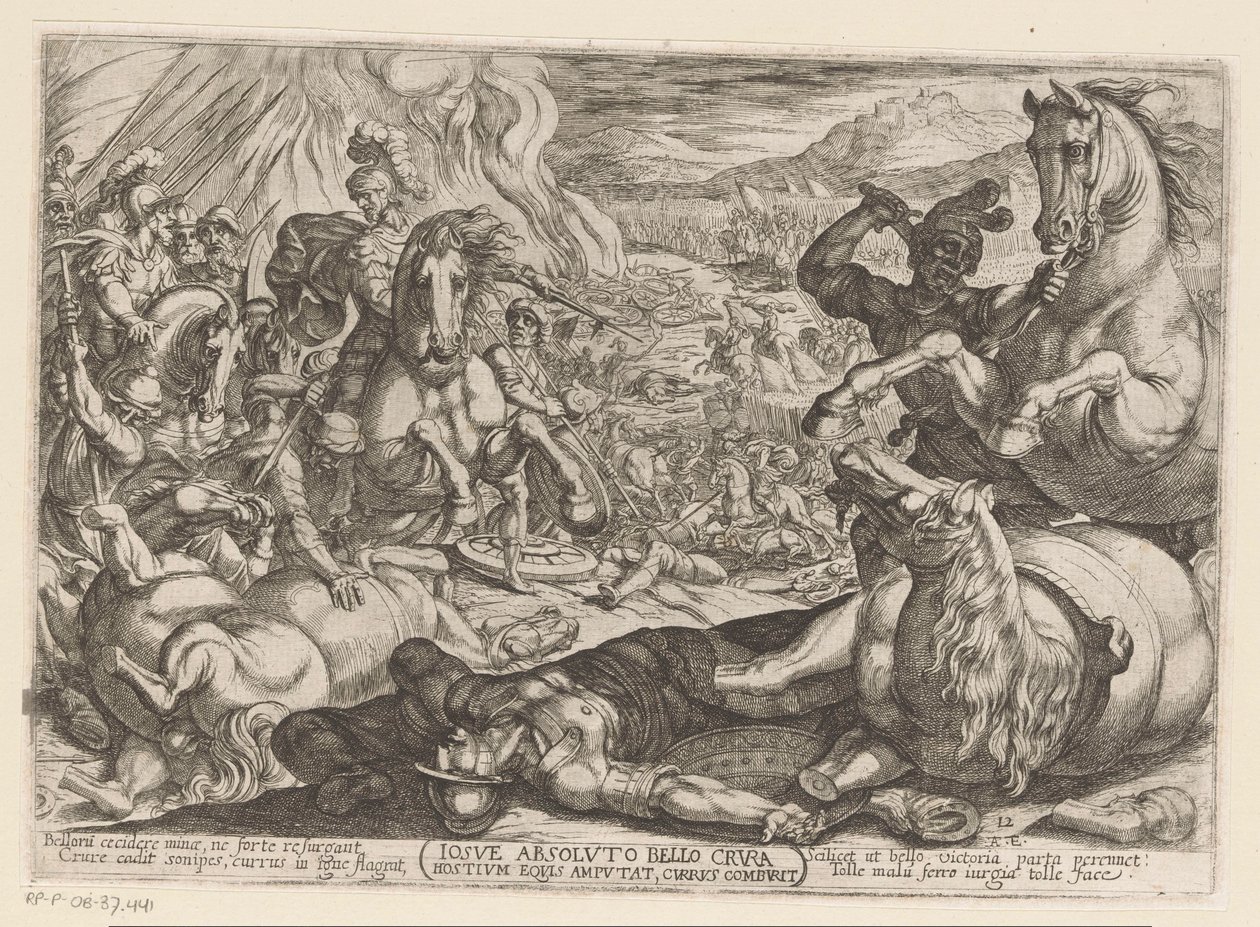 Josué paralyse les chevaux et brûle les chars des peuples (Iosue absoluto bello crura hostium equis amputat, currus comburit, Scènes de l