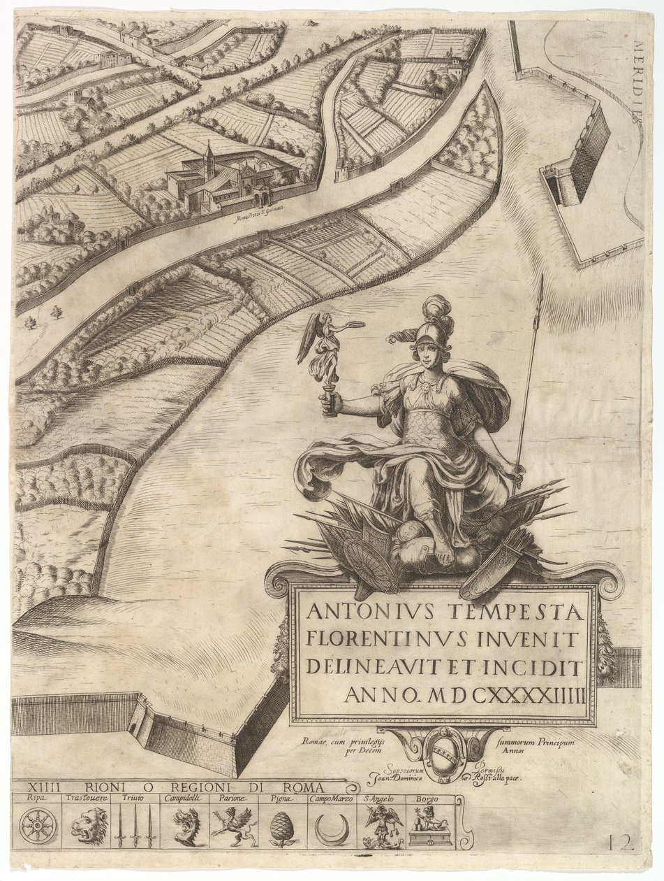 Plan de la Ville de Rome. Partie 12 avec la Bordure Sud-Ouest de la Ville et une Grande Car..., 1645 - Antonio Tempesta