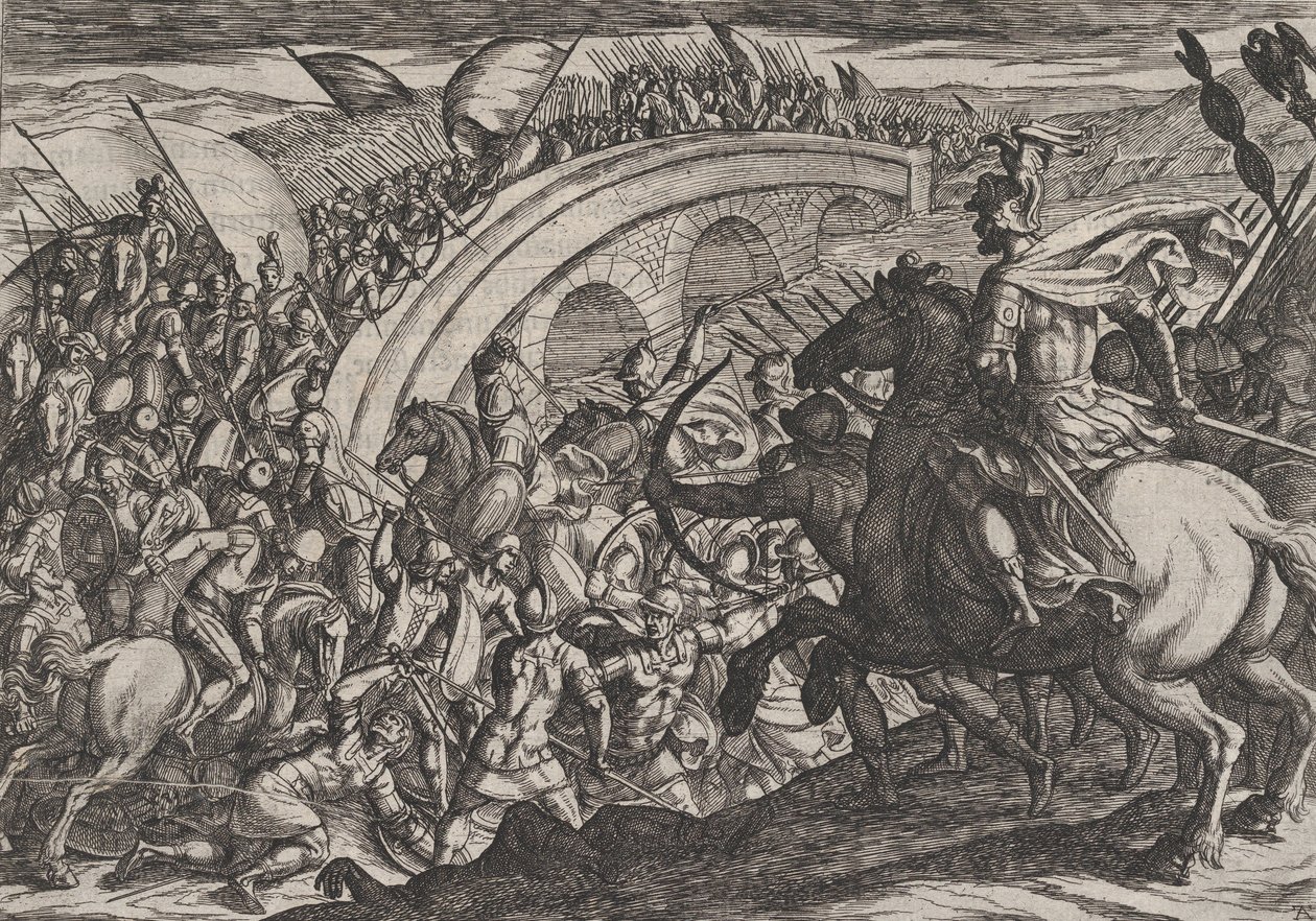 Troupes de Civilis traversant la rivière Maas, de La Guerre des Romains contre les ..., 1611 - Antonio Tempesta