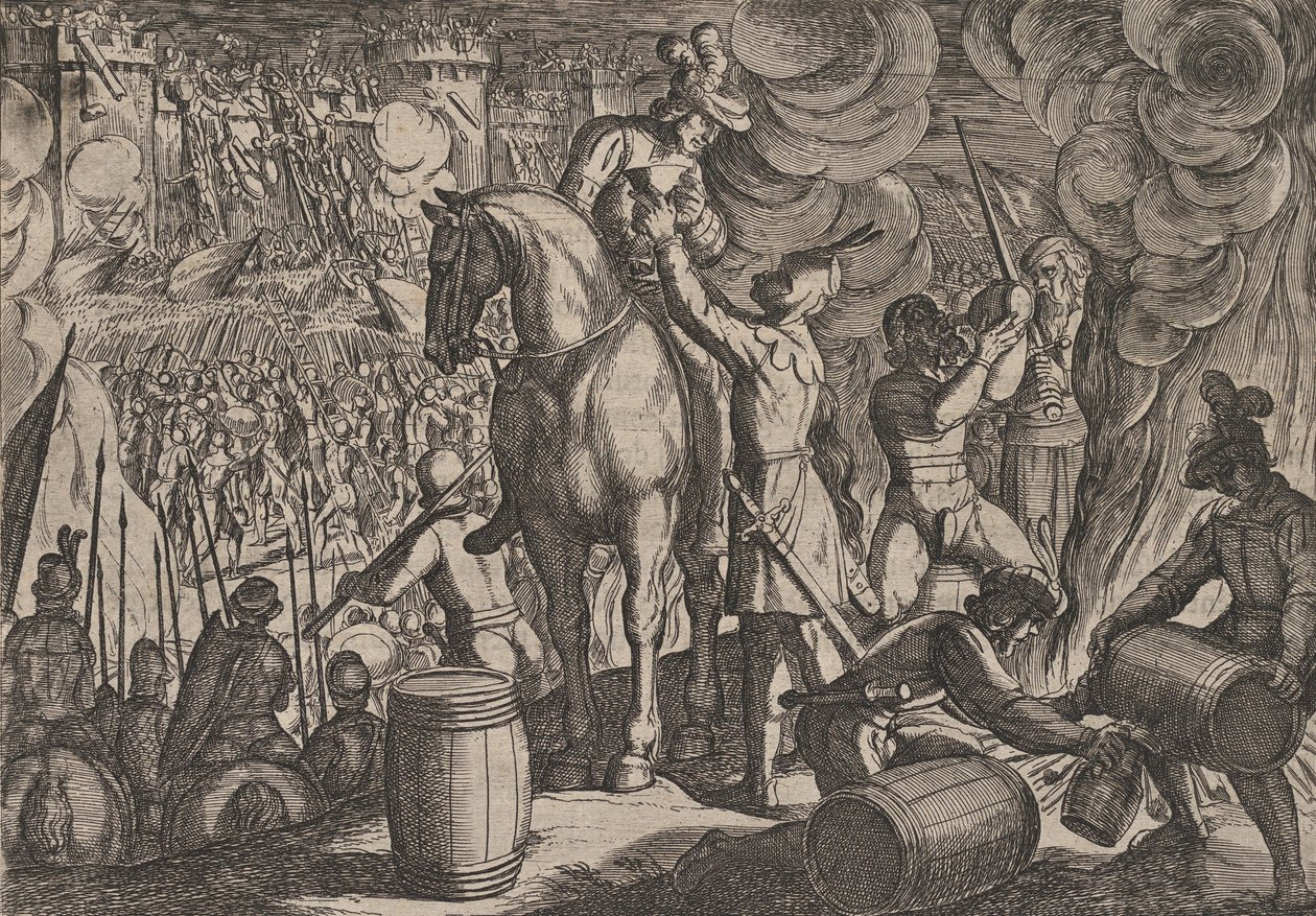Planche 13: Attaque de la forteresse romaine la nuit, de La Guerre des Romains contre les Ba..., 1611 - Antonio Tempesta