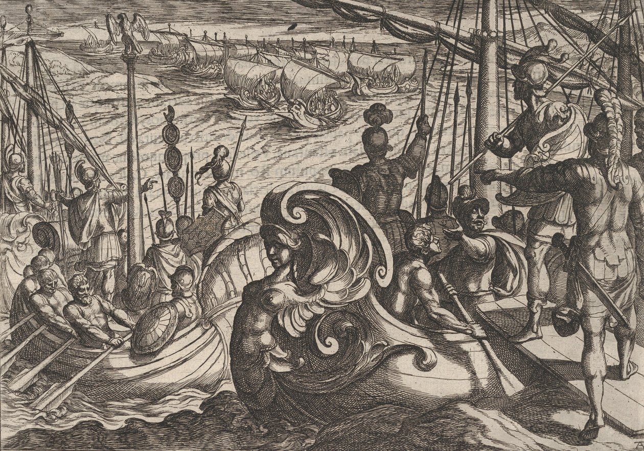 Planche 33 : Flottilles néerlandaises et romaines sur le Rhin, de La Guerre des Romains contre les B... - Antonio Tempesta