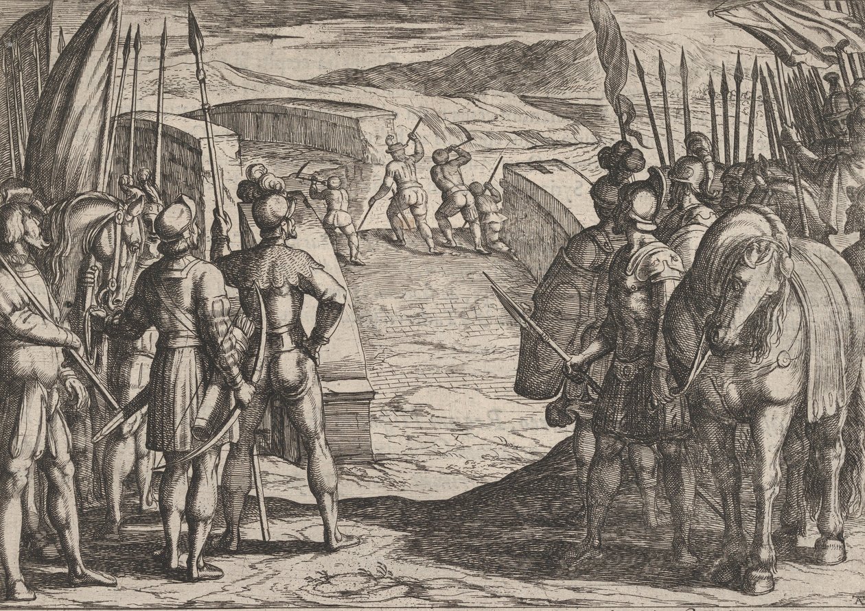 Planche 35 : Les Bataves prennent peur et commencent les pourparlers de paix, de La Guerre des Romains contre..., 1611 - Antonio Tempesta