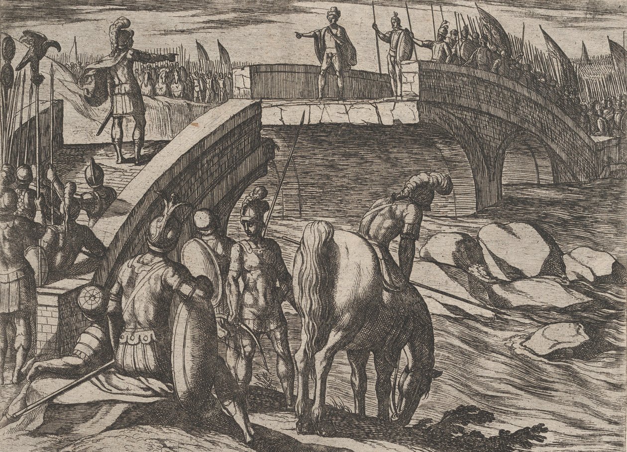 Planche 36: Civilis et Cerialis se rencontrent sur un pont brisé pour parvenir à un accord, de La Guerre des Bataves, 1611 - Antonio Tempesta