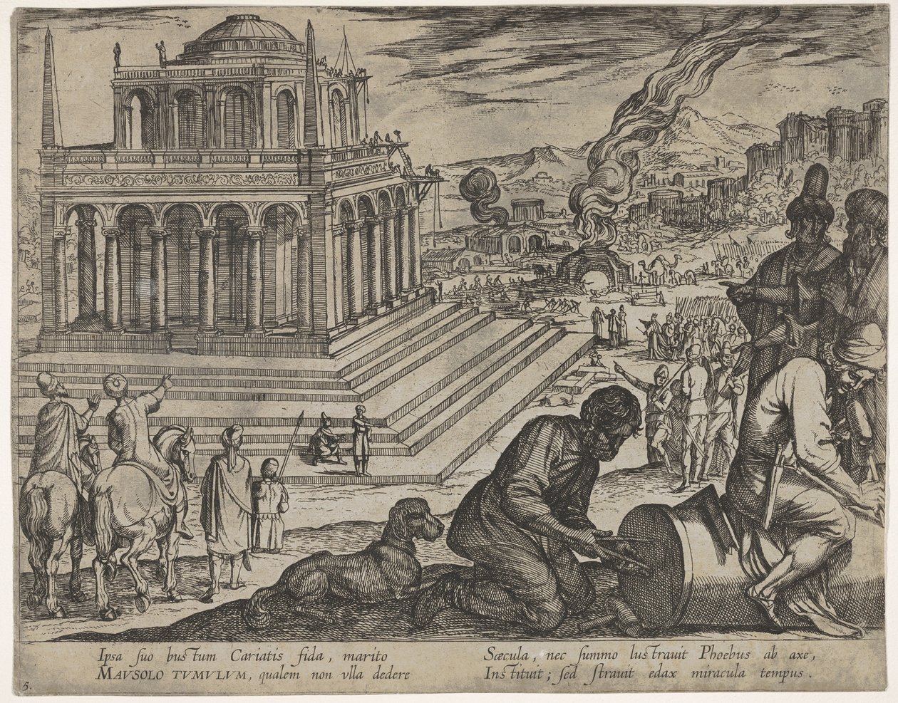 Planche 5 : Tombeau de Mausole, des tailleurs de pierre fabriquent une colonne à droite, tiré de « Les Sept Merveilles du monde » - Antonio Tempesta