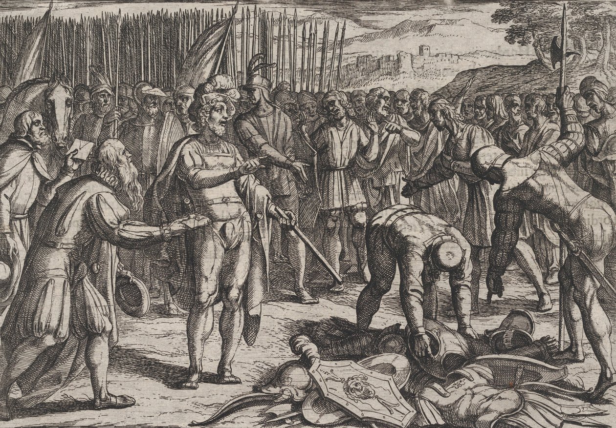 Planche 7 : Envoyés allemands visitant Civilis, de La Guerre des Romains contre les Bataves R... - Antonio Tempesta