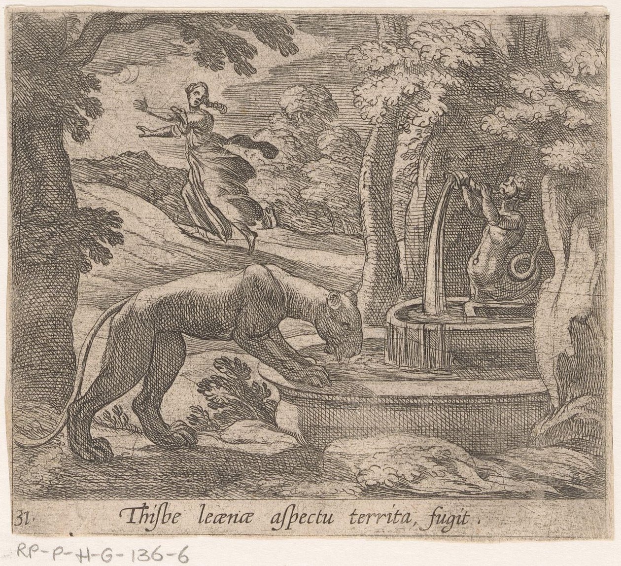 Thisbé fuit devant la lionne à la fontaine (Thisbe leaenae aspectu territa fugit) (Metamorphoseon sive transformationum) (Metamorfosen van Ovidius) - Antonio Tempesta