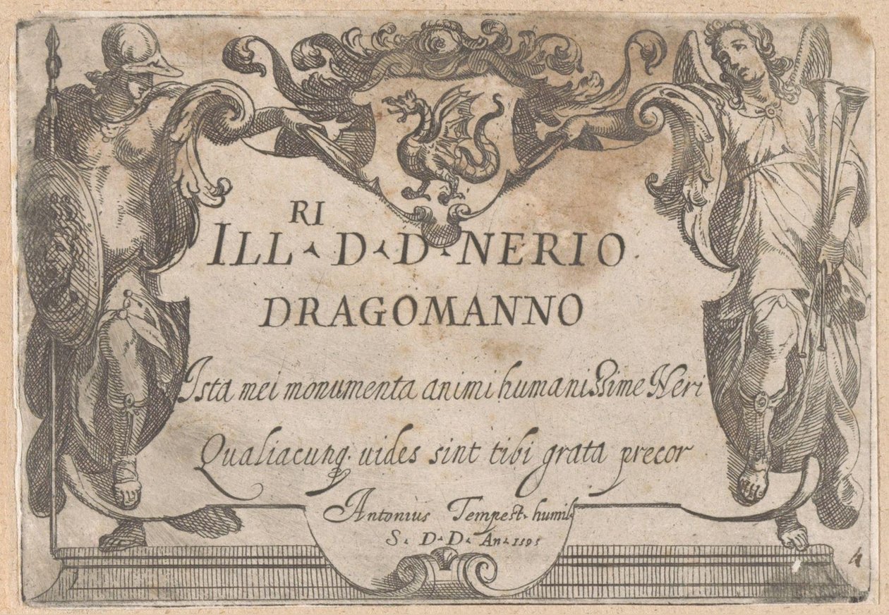 Page de titre avec cartouche et dédicace, flanquée de Minerve et de la Renommée - Antonio Tempesta