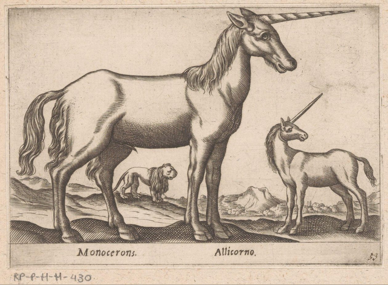 Deux licornes et un lion (Monocerons/Allicorno, série Animaux et créatures fabuleuses, Nova raccolta de li animali piu curiosi del mondo) - Antonio Tempesta
