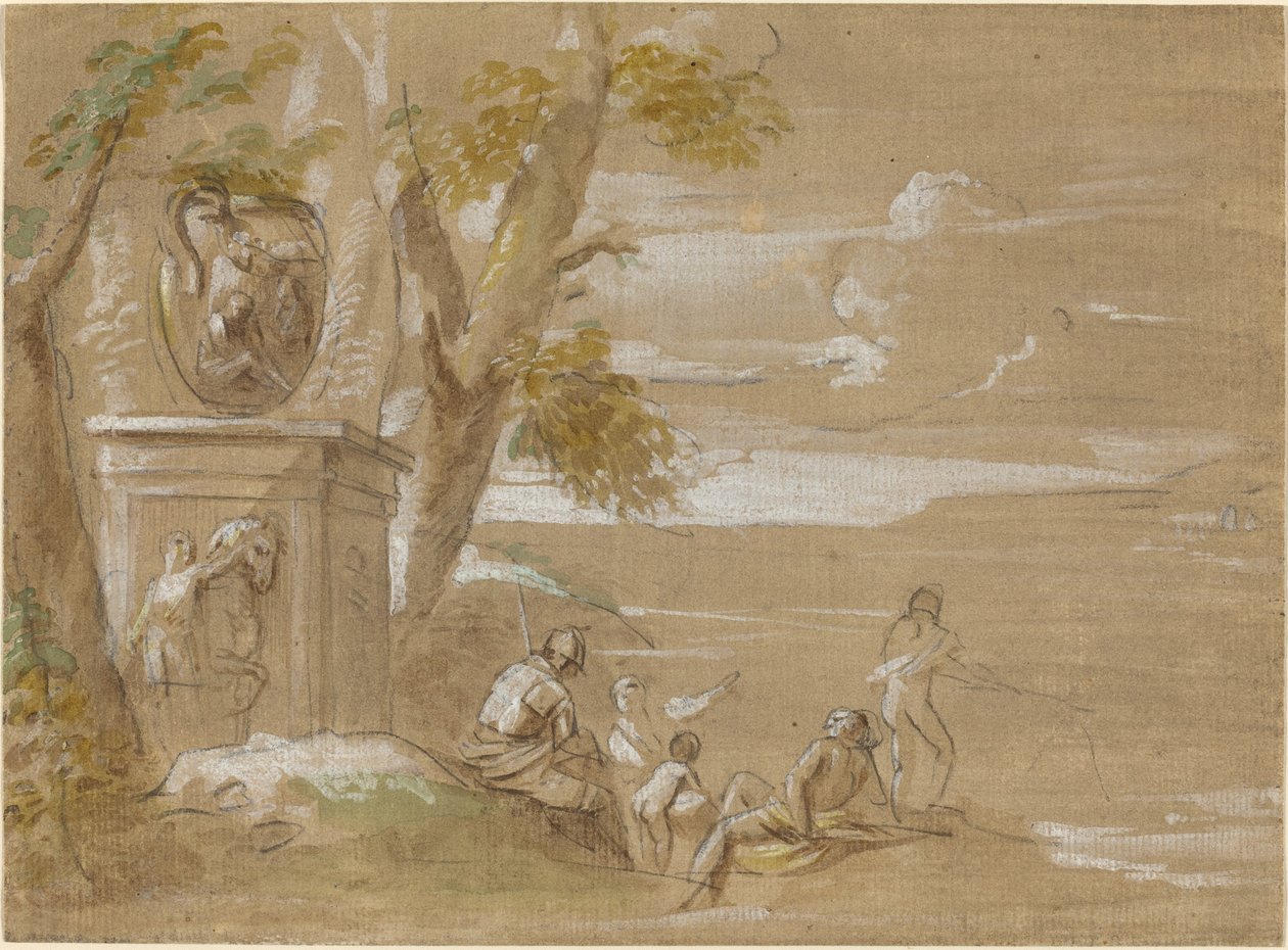 Un paysage avec des soldats assis et des pêcheurs - Antonio Visentini