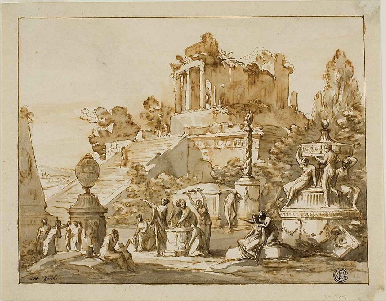 Paysage classique avec temple en ruine sur une colline, figures féminines en contrebas - Antonio Zucchi