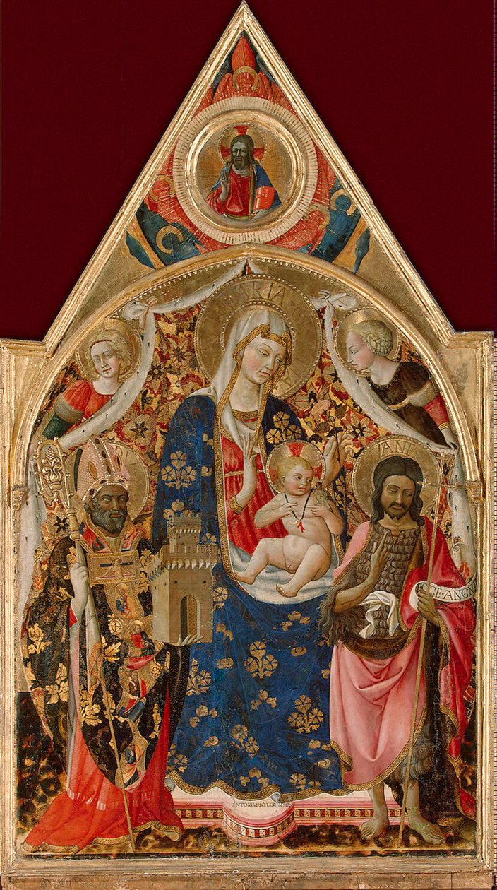 Madone et enfant, avec un évêque, Saint Jean-Baptiste et des anges, début du 15e siècle - Antonio da Firenze
