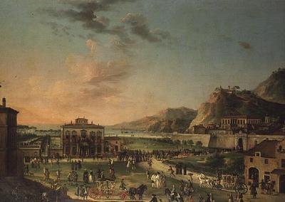 Un panorama capriccio du voyage de Charles III roi des Deux-Siciles, de sa villa à Portici au Palazzo Farnese à Rome - Antonio de dipi (attr. to) Joli