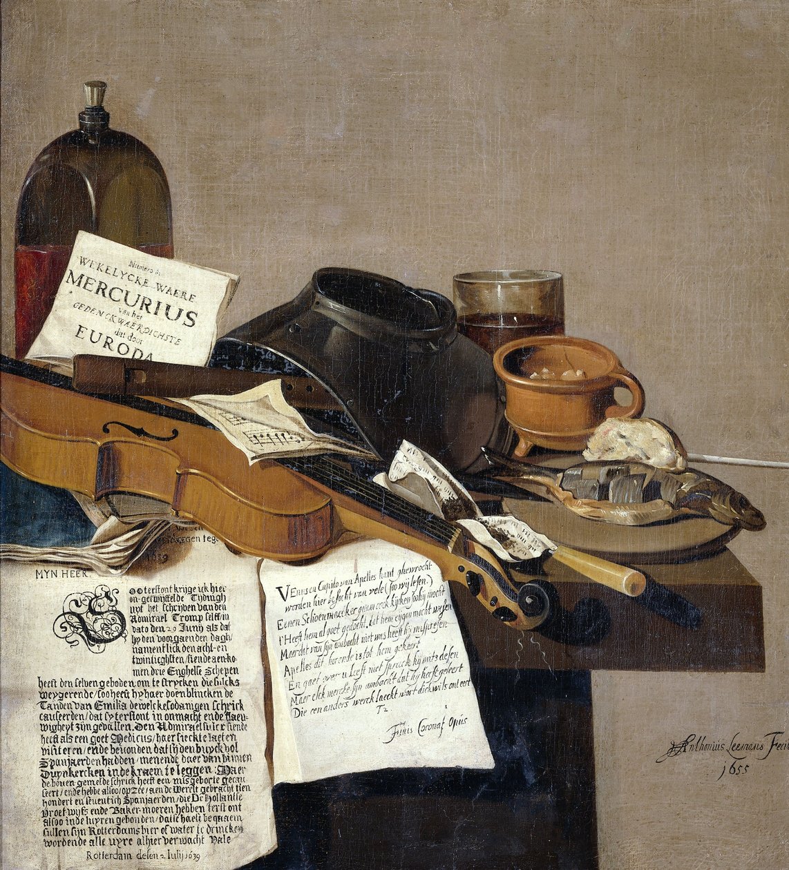 Nature morte avec brochures, un violon, une flûte, de la nourriture et des brochures - Antonius Leemans