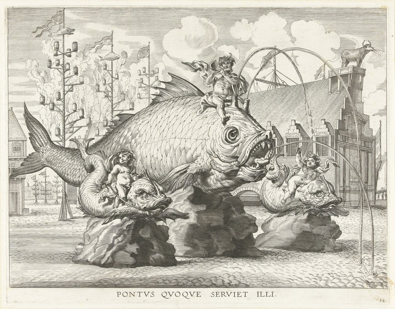Spectacle avec Triton sur un poisson géant; entrée de Ferdinand à Gand en 1635 - Antony van der Does