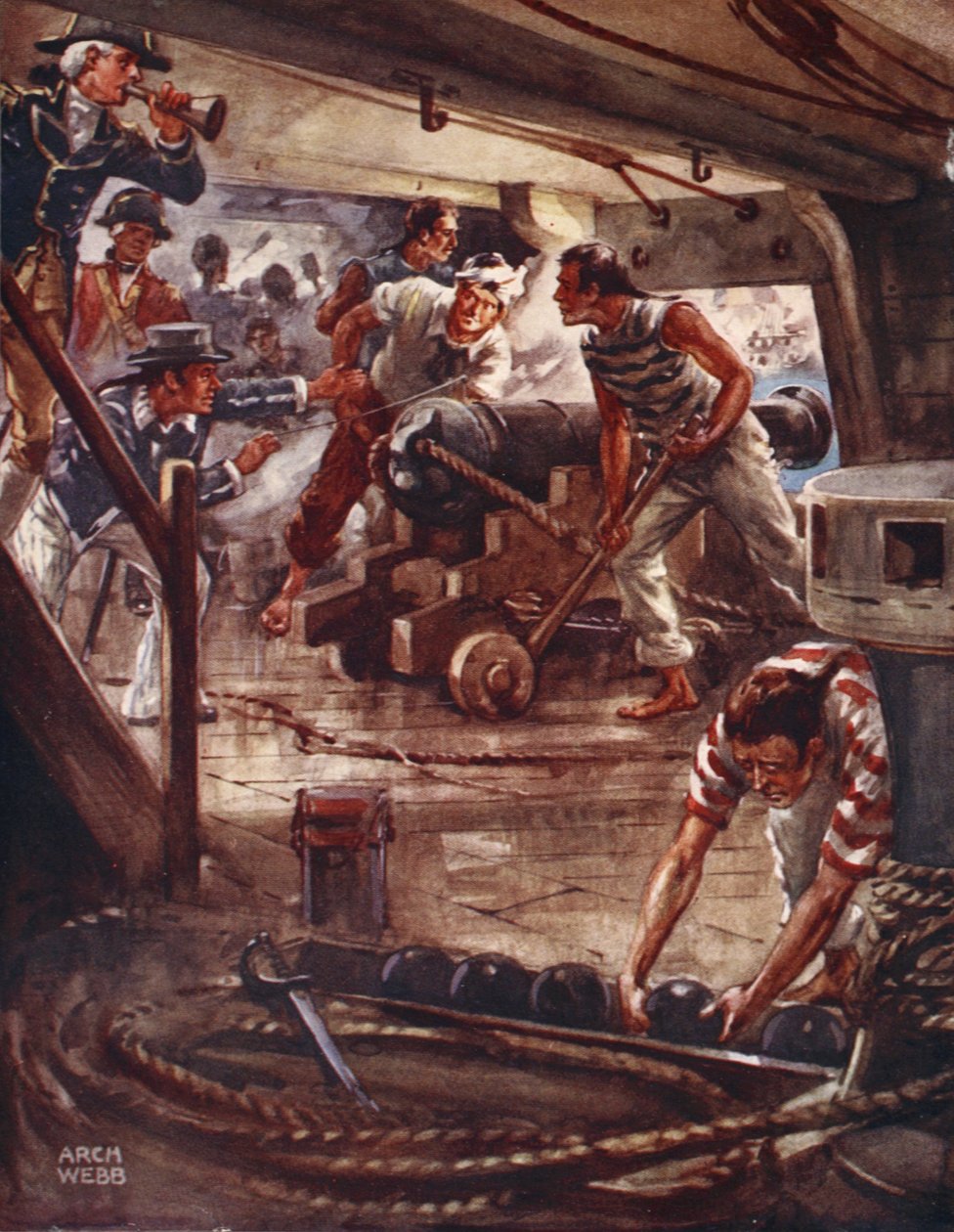 Chaque canon de ses lèvres adamantines, répandait une ombre de mort autour des navires, tiré de Ballades de combats célèbres, Première Édition, 1920 - Archibald Webb