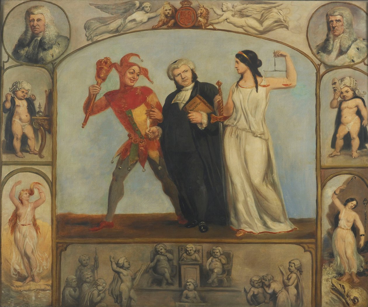 peinture ; huile sur toile - Portrait de Renton Nicholson avec scènes et figures allégoriques - Archibald Henning