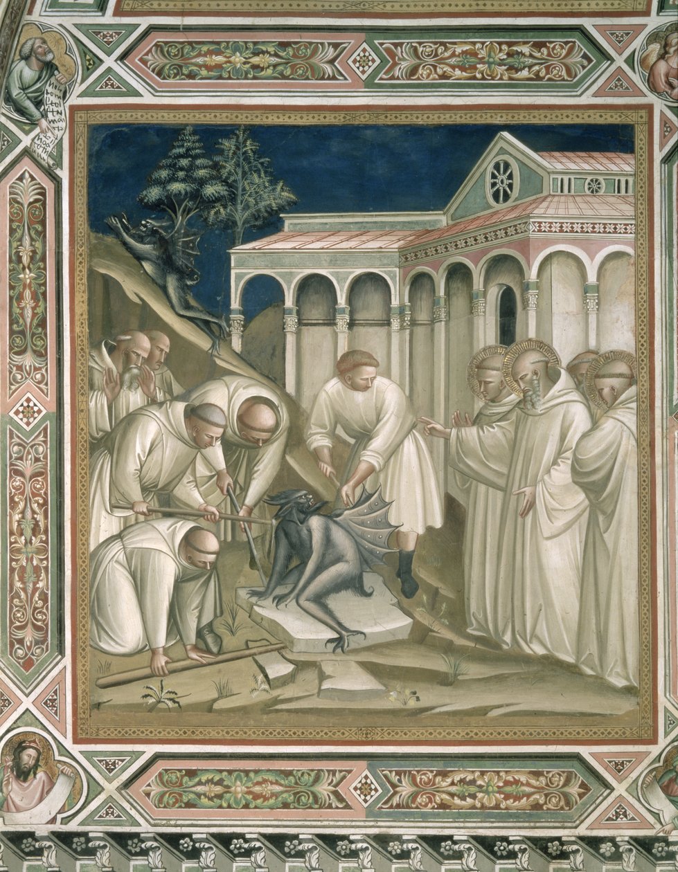 La pierre lourde (détail) de la vie de Saint Benoît (c.480-c.550), dans la sacristie, 1387 - Aretino Luca Spinello or Spinelli