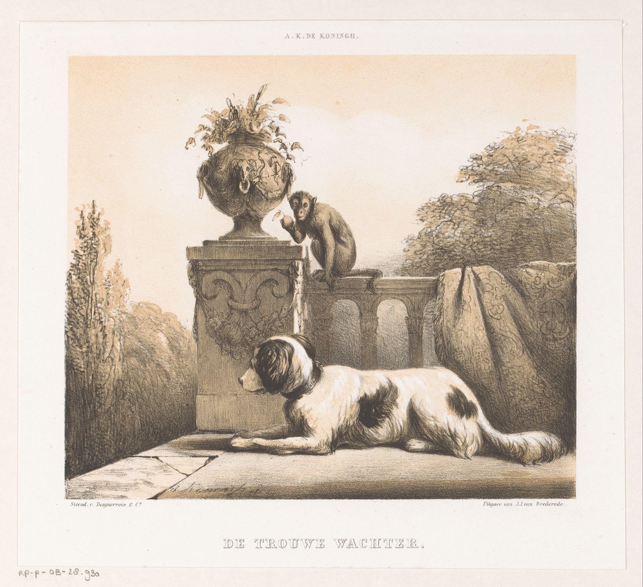 Chien et singe sur une terrasse - Arie Ketting de Koningh