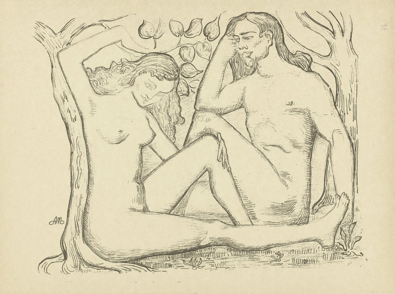 Adam et Ève assis près d