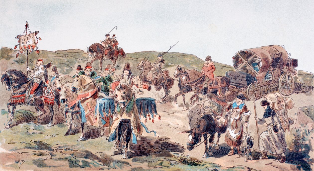 Un chariot voyageant avec escorte au 15ème siècle, 1886 - Armand Jean Heins