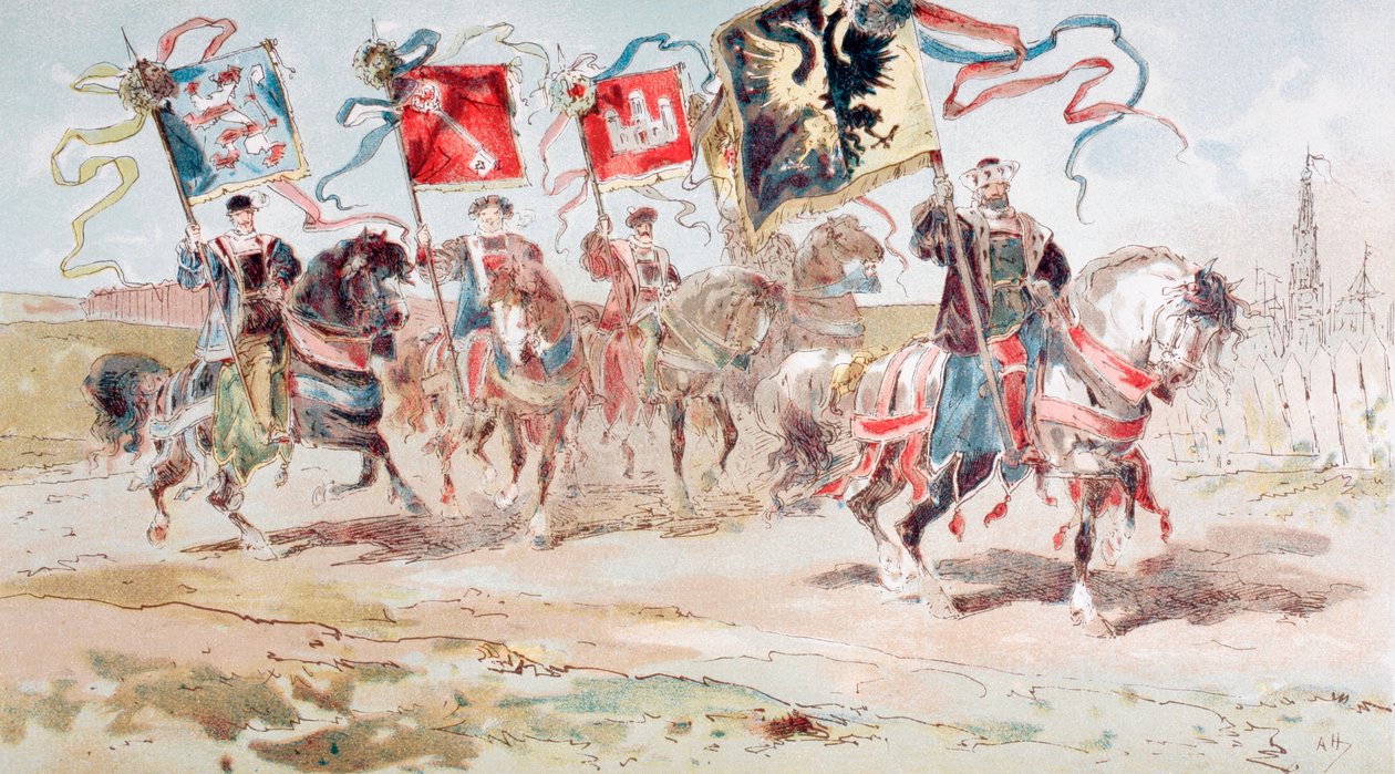 Cavaliers portant les bannières de la Ligue hanséatique et des villes appartenant à la Ligue, XVIe siècle, 1886 - Armand Jean Heins