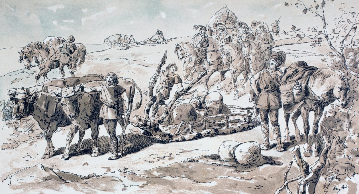Bœufs tirant un traîneau primitif chargé de rochers, 1886 - Armand Jean Heins